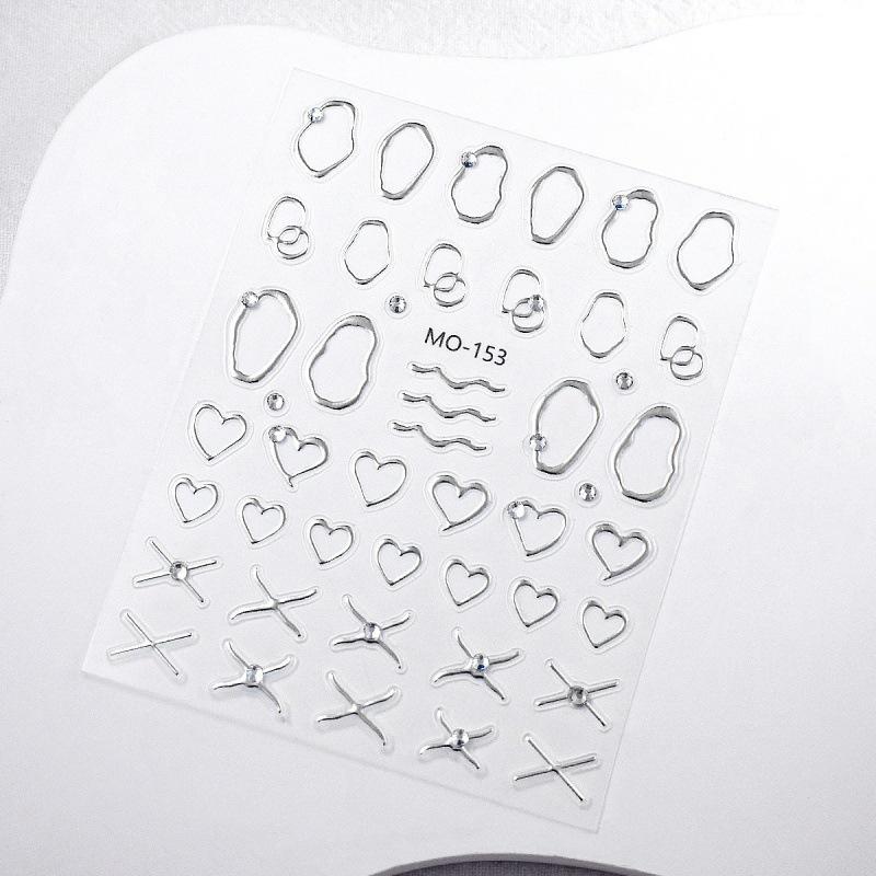 Crystal Diamond Line Nail Stickers with Embossed Heart and Irregular Metal Frame in Gold & Silver.