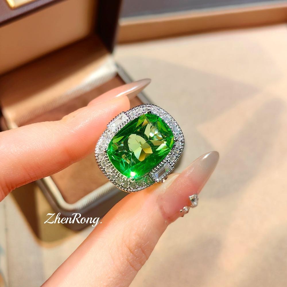 Women Jewelry Set Green Square Pendant Necklace Emerald Stud Earrings Green Diamond Ring Gift for Her