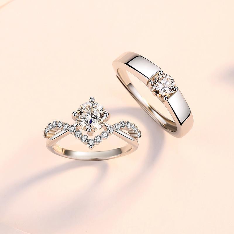 Couple Crown Rings: New Four-Claw Zircon Diamond Ring for Men and Women, 1-Carat Open Design.