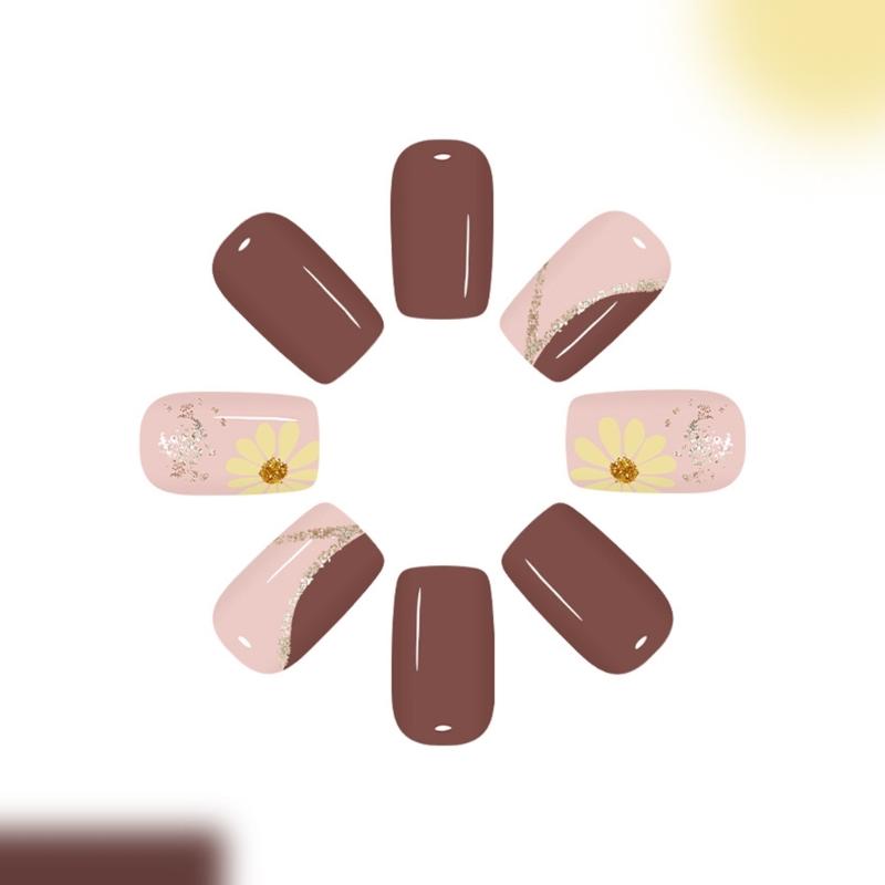 Easy Apply Press On Nail Dark Brown Floral Artwork Breathable Non Toxic Nail Enhancement For Office Parties Weddings Holidays