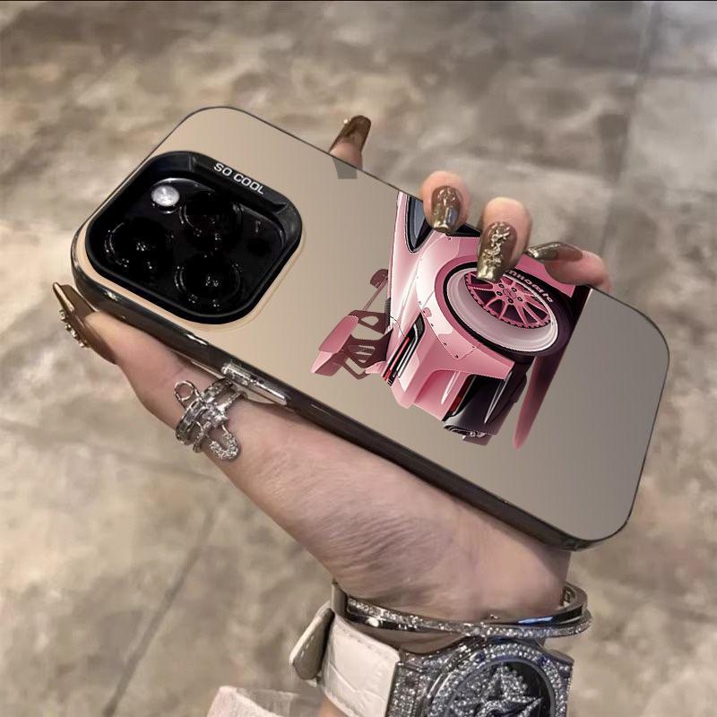 Pink Supercar Print Electroplate Silver IMD Phone Case For iPhone 17 16 15 14 13 12 11 Pro Max X XS XR 7 8 Plus 17 Air 16E Cover