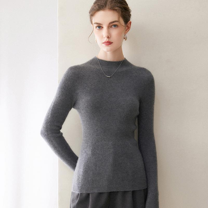Women's Cashmere Seamless Knit Long Sleeve Sweater, Half-High Neck.