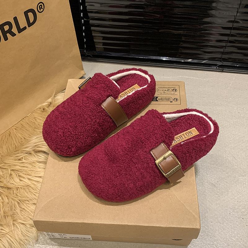 Thick-bottomed bag head, velvet warm half slippers, women's 2025 autumn new Korean version, one-pedal casual outer cotton slippers