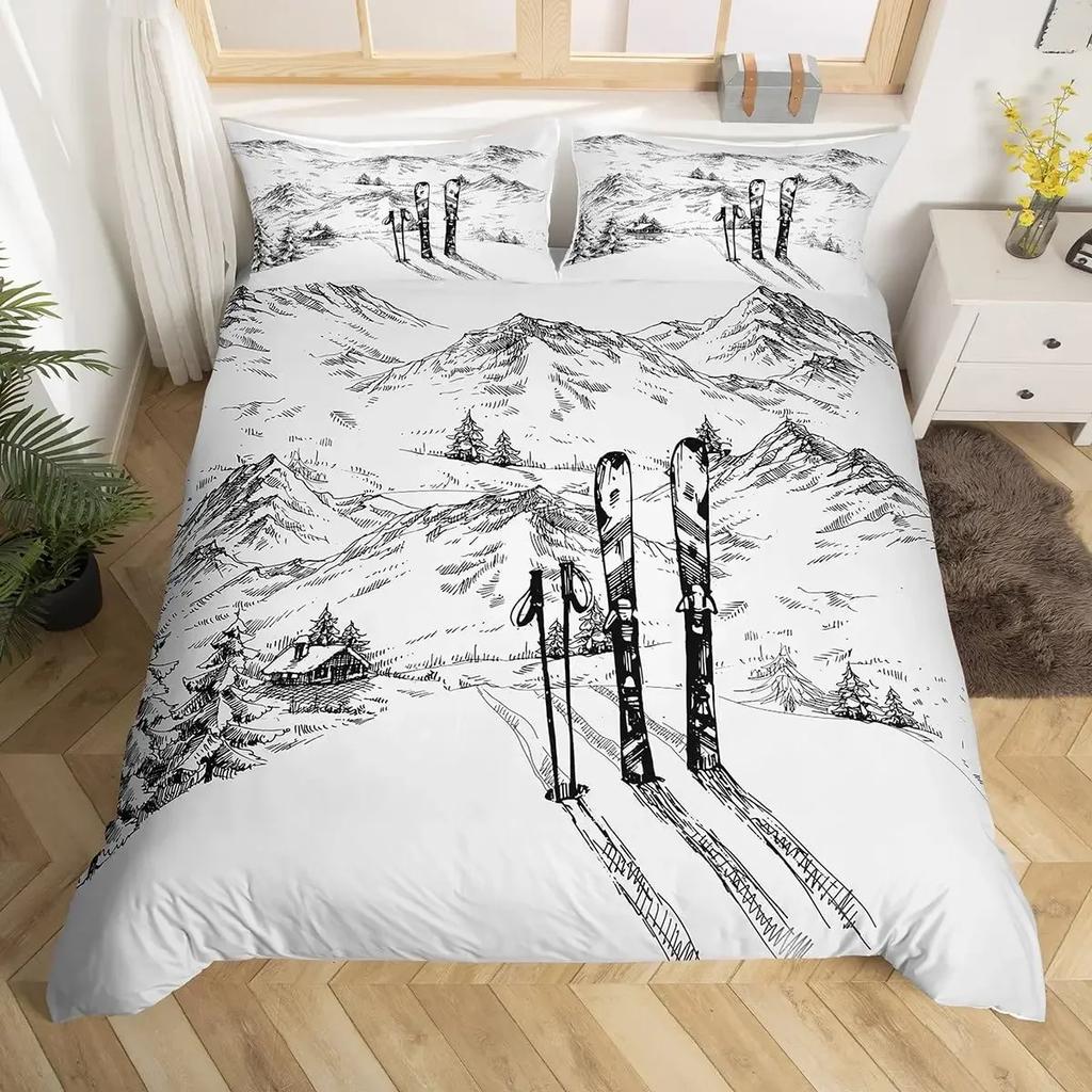 Ski Sports Duvet Cover Queen For Boy Teen Winter Sports Ski Theme Comforter Cover Microfiber Snow Mountain Landscape Bedding Set