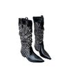 Autumn and Winter Knight Boots Women's Color Matching Pointed Head Thin Thick Heel Medium Heel Boots Long Boots But Knee High Boots