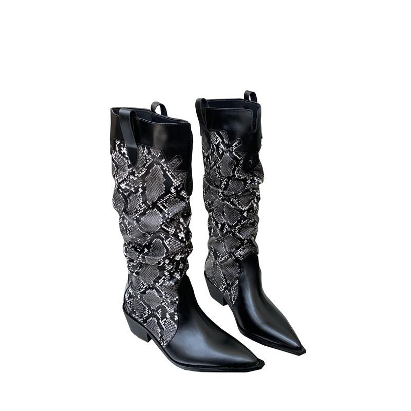 Autumn and Winter Knight Boots Women's Color Matching Pointed Head Thin Thick Heel Medium Heel Boots Long Boots But Knee High Boots