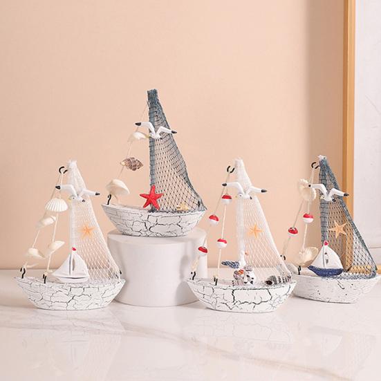 Mini Sailboat Model Nautical Resin Sailing Boat Decoration with Shell Starfish Rustic Vintage Beach Ocean Theme Ship Ornament for Home Office Bedroom