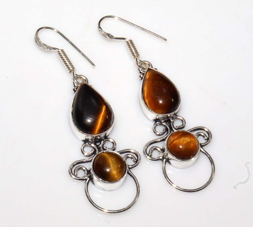 Exclusive Tiger Eye 925 Silver Plated Earrings 2.1" Modern Design Trendy v3j97