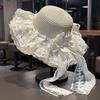 Women's Wide Brim Straw Hat with Lace Bow - Summer Beach Vacation Sun Protection