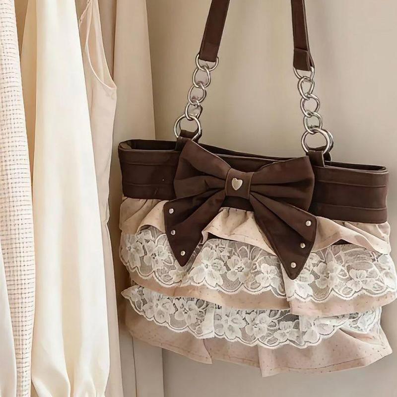 Vintage Lace Bow Tote Bag Women Large Capacity Shoulder Bag With Tiered Lace Trim Chain Design Cute Lightweight Canvas Handbag