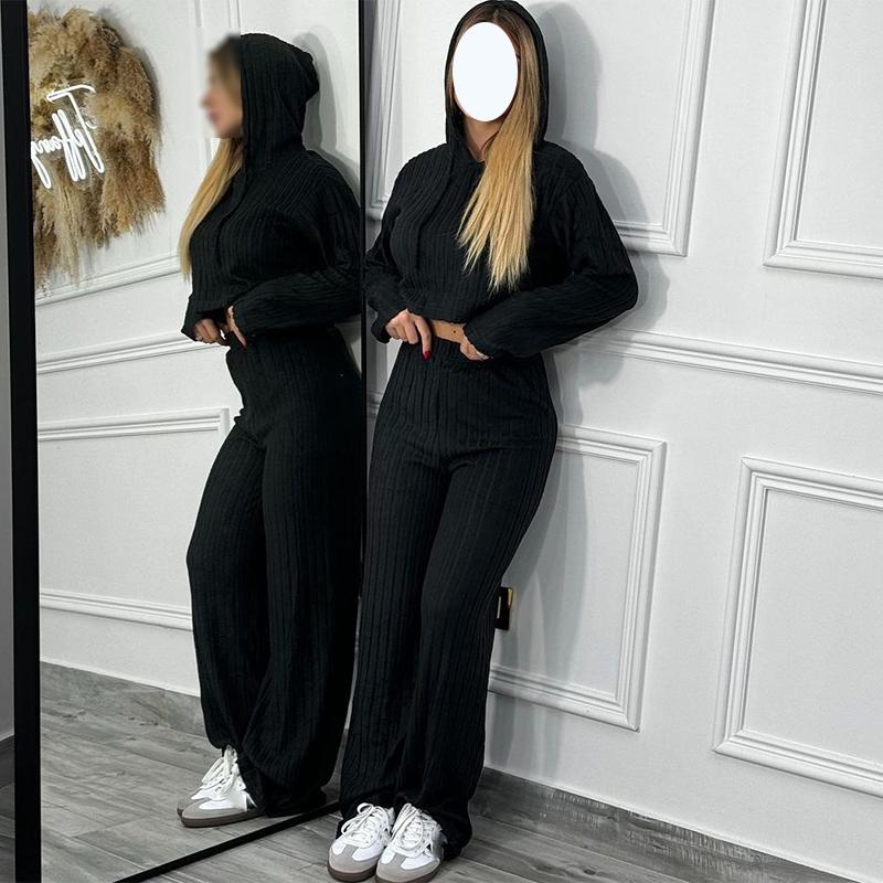 Women Autumn Winter Solid Color Loose Knitted Sweatshirt Suit Casual Long Sleeved Striped Hoodie Long Straight Leg Pants Two-piece Set