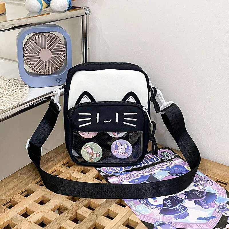 Y2K Cute Cartoon Cat Ita Shoulder Bags Mini Women Casual Crossbody Bag Kawaii Girls Transparent Pocket DIY Display Nylon Handbag