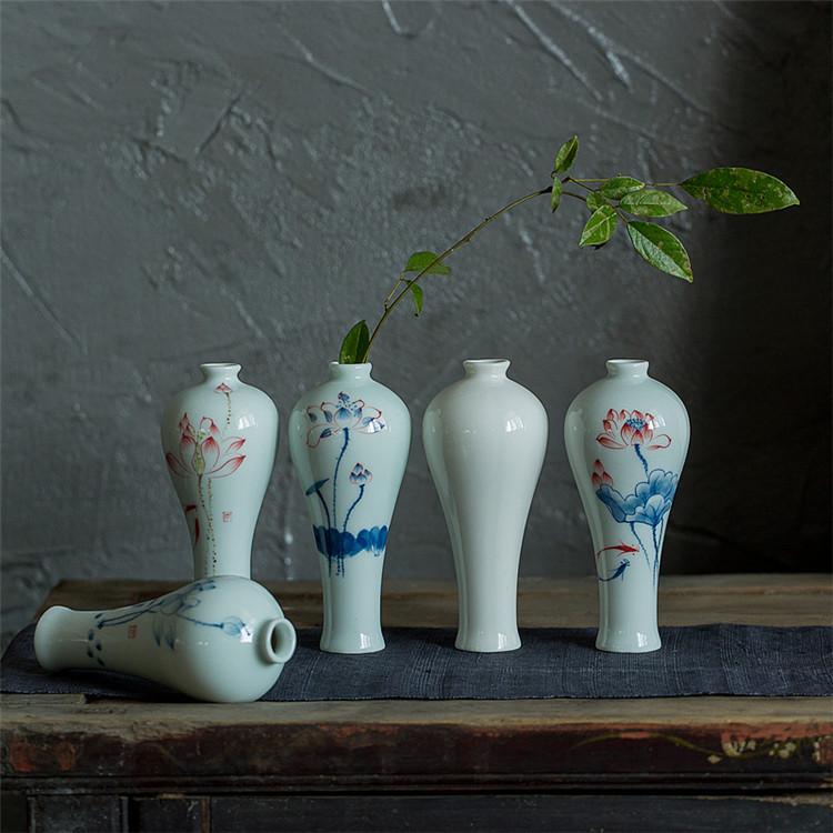 Hand Painted Ceramic Vase Zen Guanyin Bottle Chinese Style Buddha Altar Decoration Blue Glaze