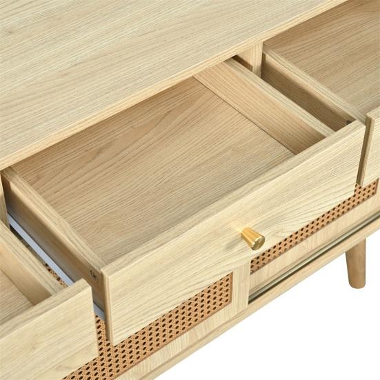 Mobile Organizzatore ad Ampio Spazio, Credenza, Cassettiera con 3 e Ante Scorrevoli, Intreccio in Rattan sulle Ante, Gambe in Legno Massello,