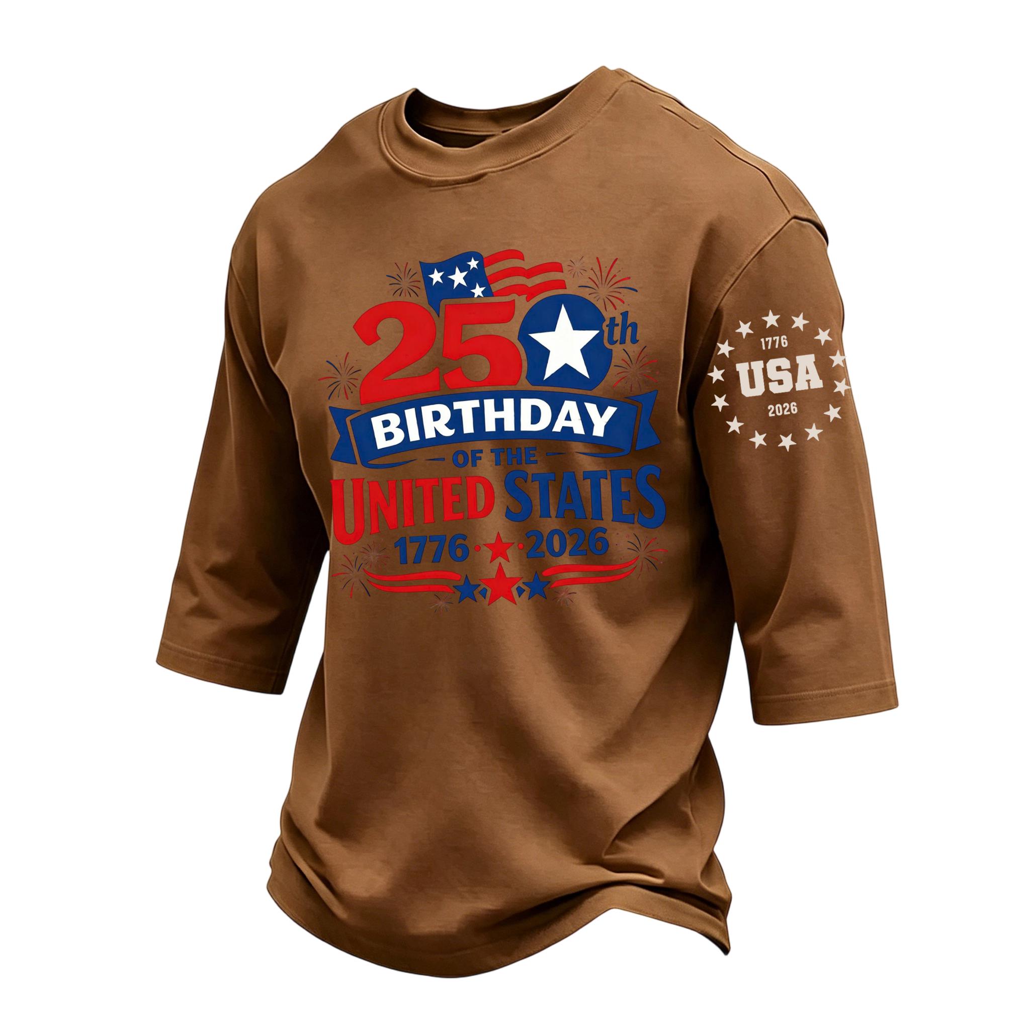 

Men s Casual 3/4 Sleeve Crew Neck T-Shirt Independence Day Graphic Print United States Anniversary 1776-2026 Commemorative Top XXL коричневий