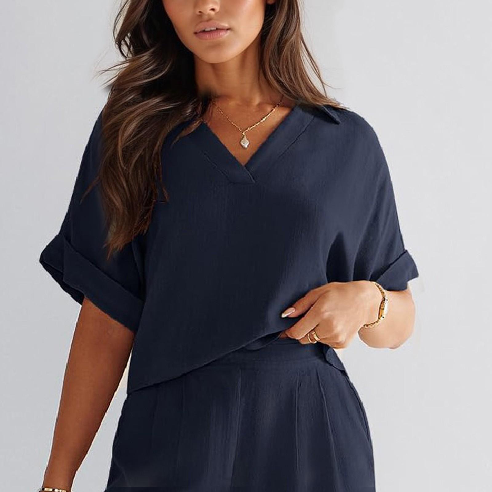 

Женские топы с коротким рукавом, повседневные рубашки с V-образным вырезом, летние деловые рабочие блузки XL тёмно-синий