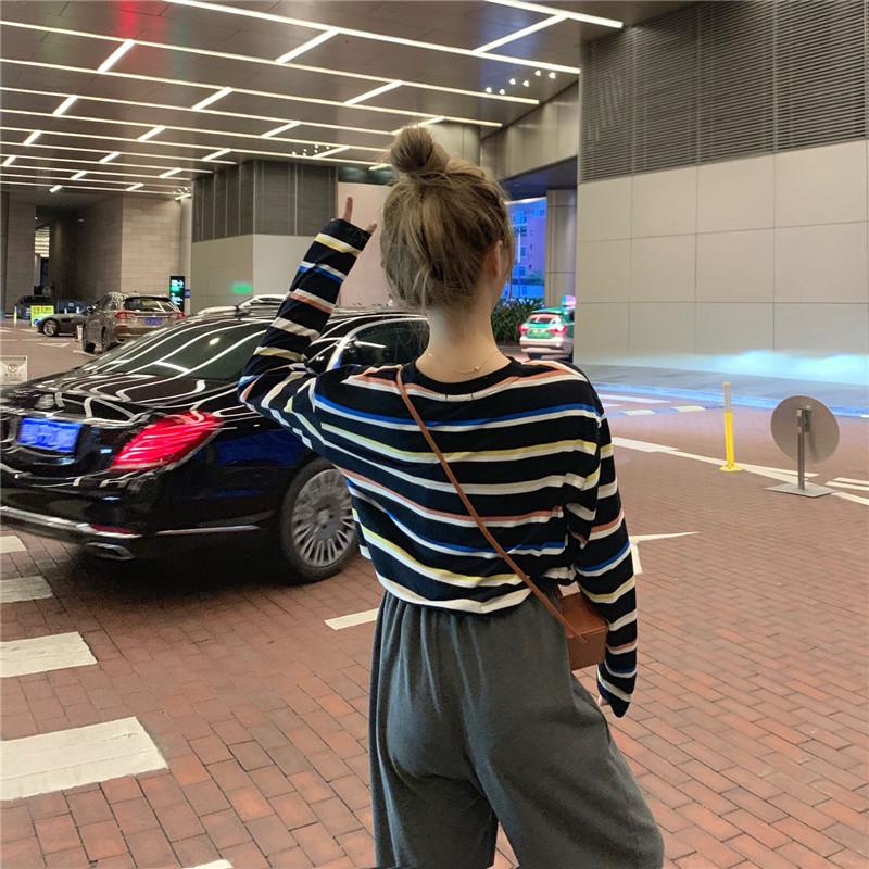 Women's Contrast Stripe Long-Sleeve T-Shirt - Autumn 2025 Korean Loose Casual Style