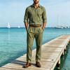 Men's Linen Long Sleeve Button Down Shirt and Pants Set Loose Fit Suit