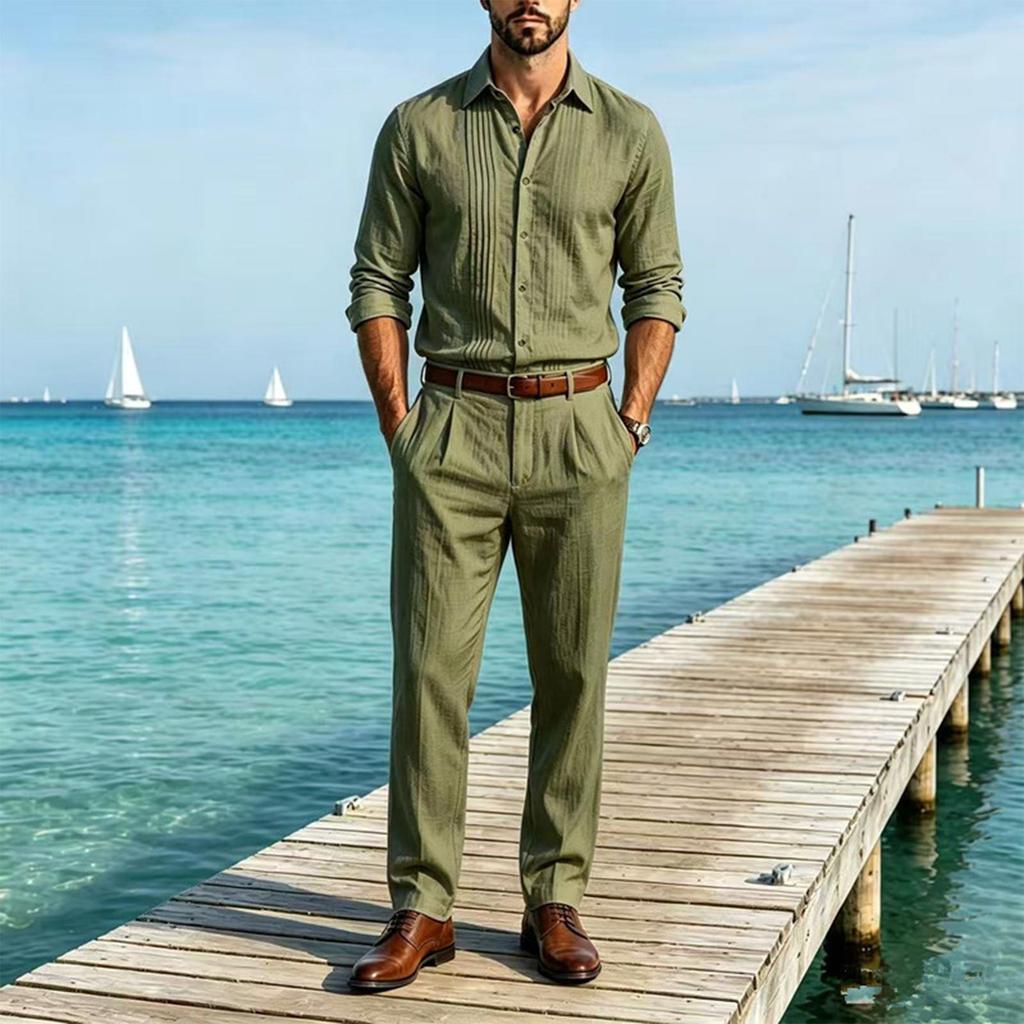 Men's Linen Long Sleeve Button Down Shirt and Pants Set Loose Fit Suit