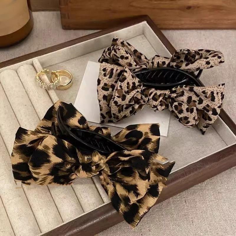 Leopard Pattern Bowknot Hair Claw Clip For Women NonSlip Ponytail Holder Hair Clamp For Thick Fine Hair Styling Tool