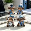 Small Bookshelf Figurine 4Pcs Christmas Highland Cow Figurine, Winter Blue Yak Statues with Snowflakes Xmas Comfortable Hand Feel Decor Hats,