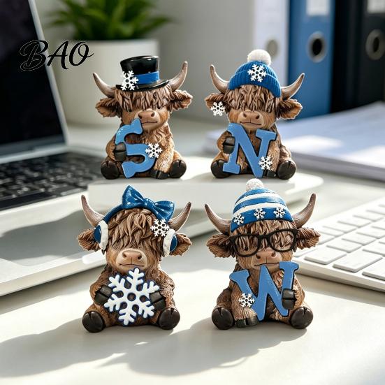 Small Bookshelf Figurine 4Pcs Christmas Highland Cow Figurine, Winter Blue Yak Statues with Snowflakes Xmas Comfortable Hand Feel Decor Hats,
