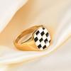Elegant 18K Gold Stainless Steel Ring with Black and White Checkerboard Design for Women