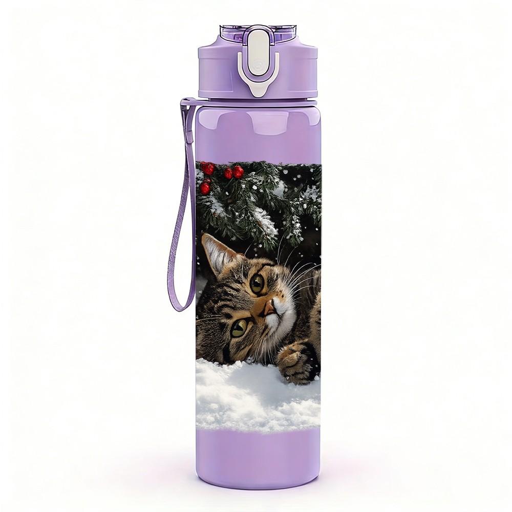 1PC Cat Resting Snow Winter Scene Print 750ml Color Plastic Sports Water Bottle Leakproof Flip Straw Lid Suitable for Sports Office Home Use