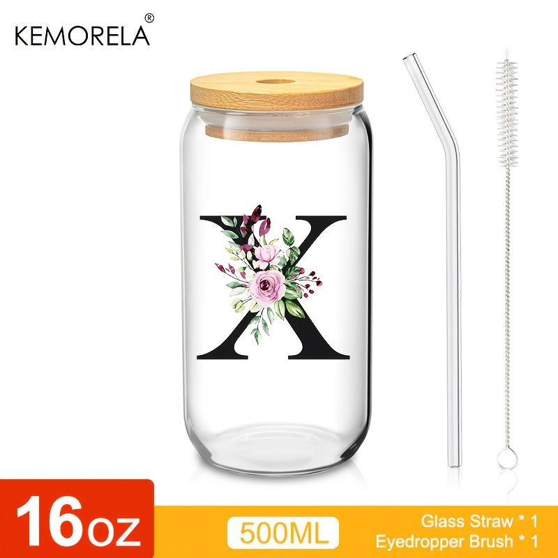 1 STÜCK 24 Buchstaben Glas Trinkbecher mit Bambusdeckel Strohhalm Individuelle Eiskaffeetasse 470ML Klares Mason Jar Bier Smoothie Cocktail