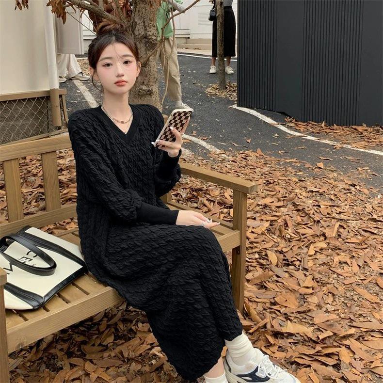 

Korean Plus Size Casual Long Sleeve Dress - Extra Large, Hip to Knee Coverage, Autumn/Winter Fashion M for up to 60 kg чорний