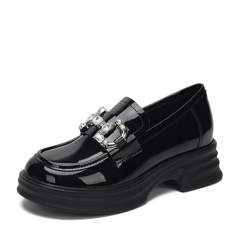 Thick Heel Thick Sole Small Leather Shoes Women's College Round Head Heightening Loafers Muffin Bottom Rhinestone Fashion Single Shoes Women