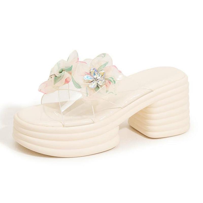 

8CM High Platform Slippers Women 2025 Summer New Thick-soled Ladies High Heels Flower Beach Sandals Transparent PVC Flip Flops 34