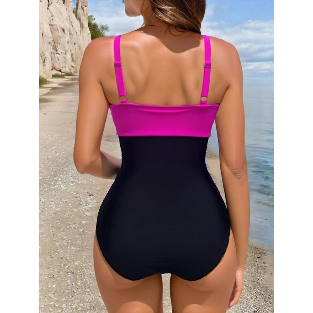 Sexy Purple Black Contrast Swimwear Women 2025 V Neck Slim Pleate Tummy Control One Piece Swimsuit Beach Bathing Suit Monokini