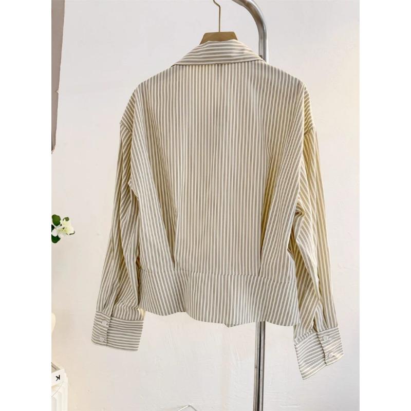 Trendy Cropped Striped Blouse Puff Sleeve Oversized Collar Shirt Daily Fashion Wear For Women