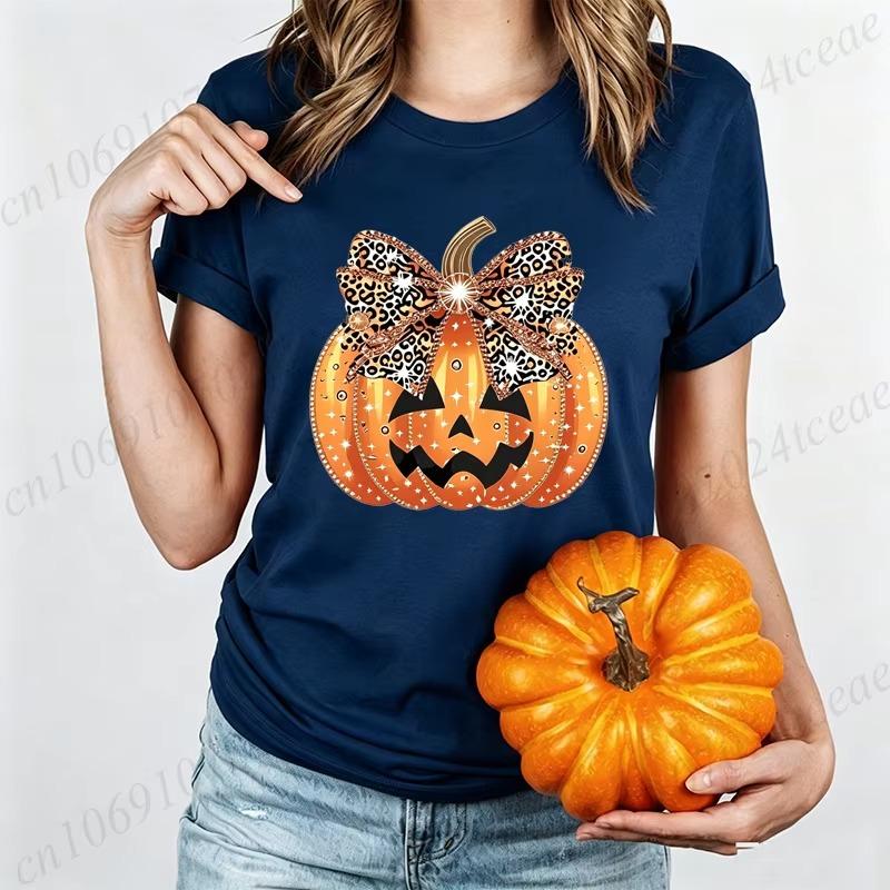 Leopard Print Evil Pumpkin Face Halloween Print Unisex Tshirt With Horror Pumpkin Head Pattern Top Style Streetwear