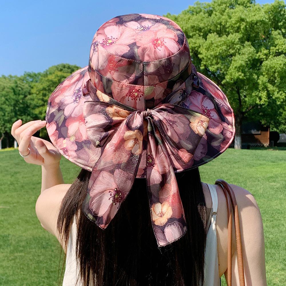 Summer Wide Brimmed Sun Hat Outdoor Sun Protection Fisherman Hat Printed Lace Up Sun Hat