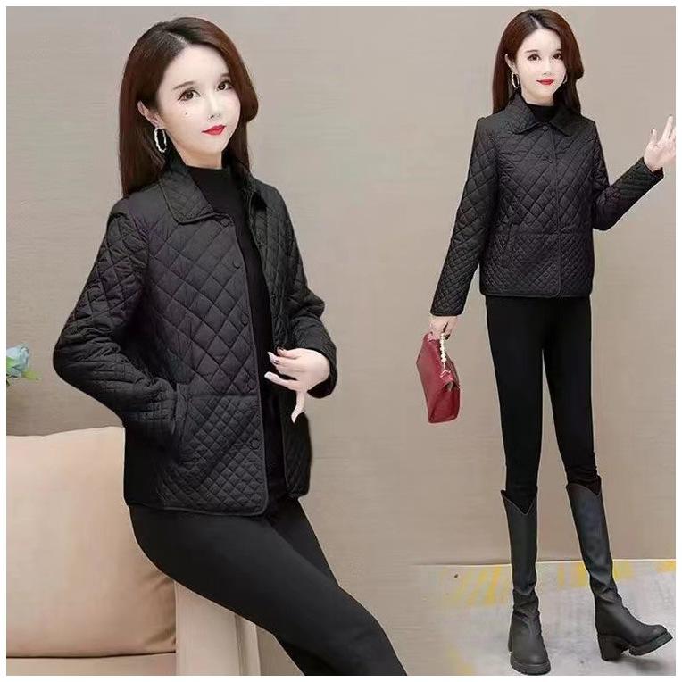 

Autumn and winter new rhombus plaid padded light coat women s short winter Korean version loose casual thin coat M recommendation 45-52.5kg чёрный