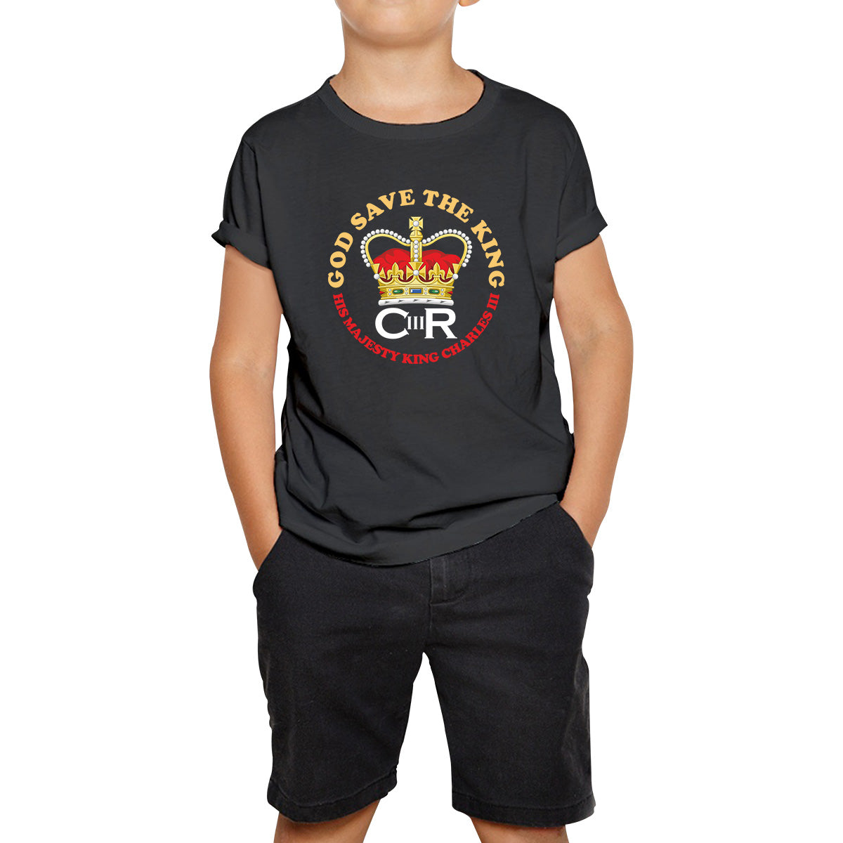 God Save The King CR III King Charles III Coronation 2023 His Majesty British Royal Crown Union Jack Kids T Shirt 100