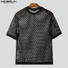 INCERUN Men Short Sleeve Hollow See Through Beach Casual T-shirts Tops