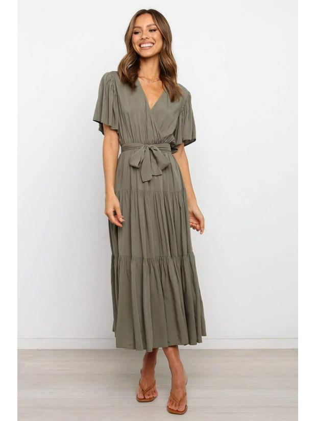 Böhmisches V-Ausschnitt Druck Kurzarm Taillenbetontes Langes Kleid Verfügbar