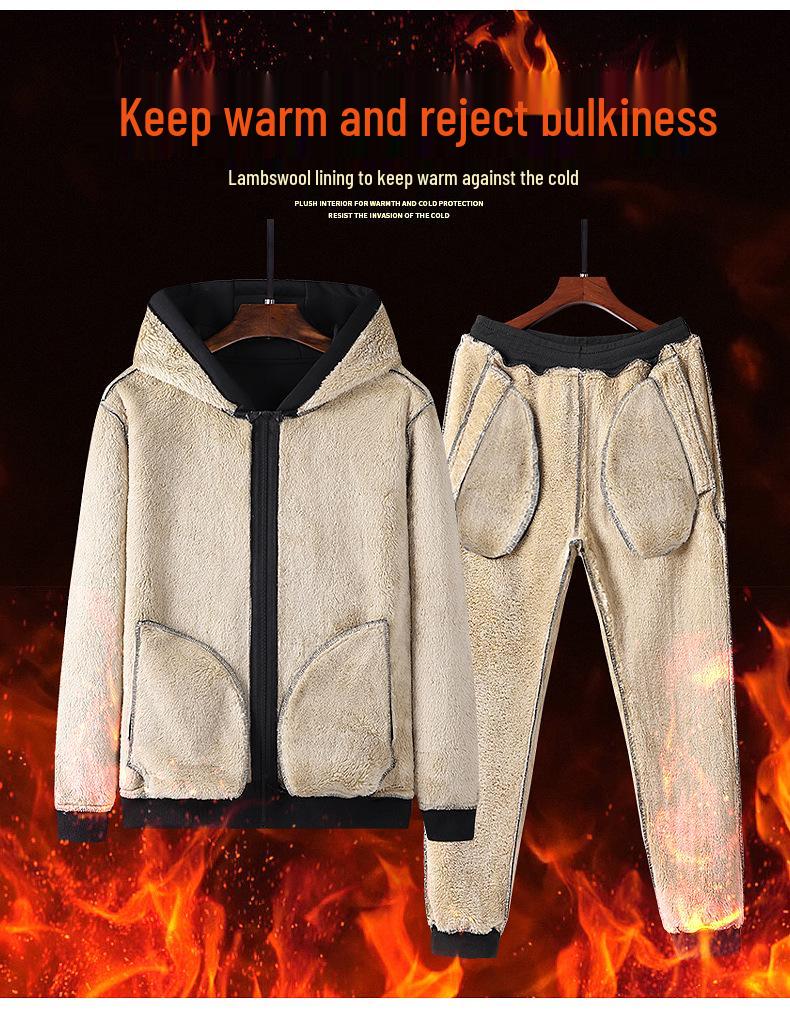 Men's Winter Fleece Lined Lambswool Coat and Pants Set - Outdoor Casual Sportswear, Plus Size Available