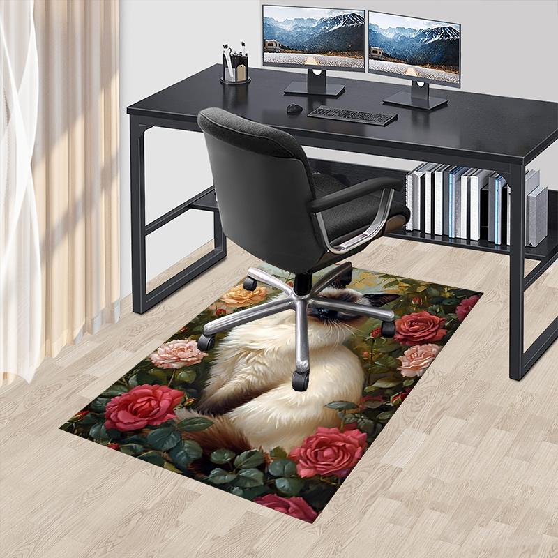 Siamese Cat and Roses Chair Mat: Office Carpet, Oversized Rug for Home Decor, Sofa Mat, Desk Pad Gift Suitable for Bedroom, Living Room, Any Room