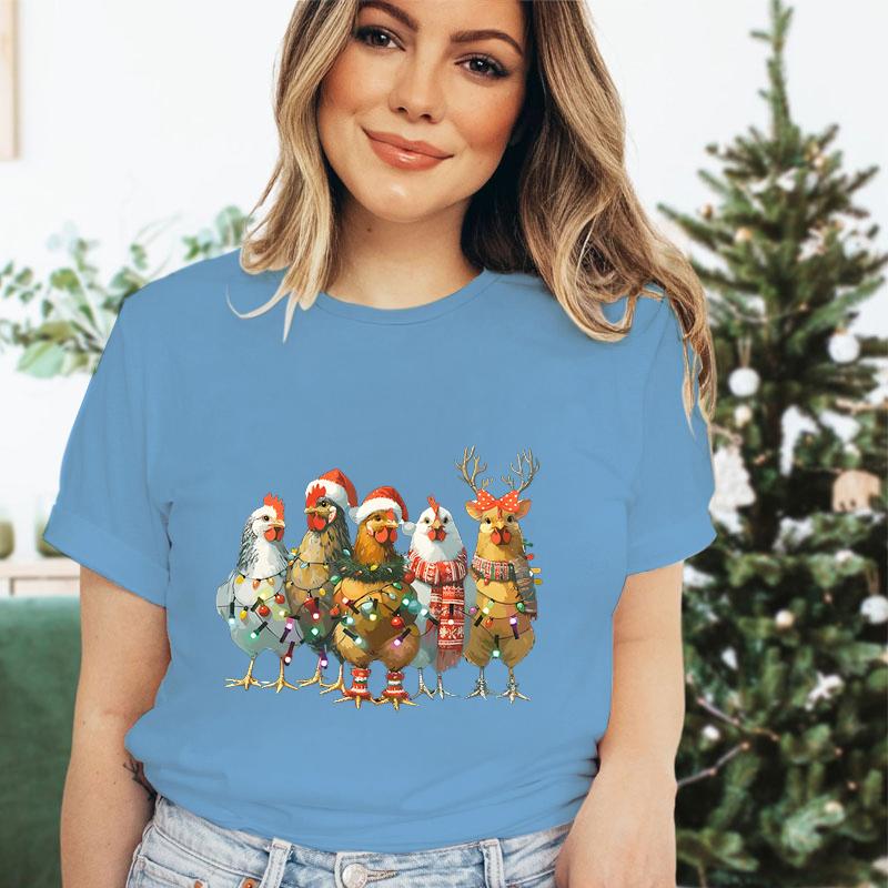 Festive Fashion Tshirt Women Merry Christmas Chicken Cartoon Tshirts Country Life Lovers Christmas Party Gift Essential Tops