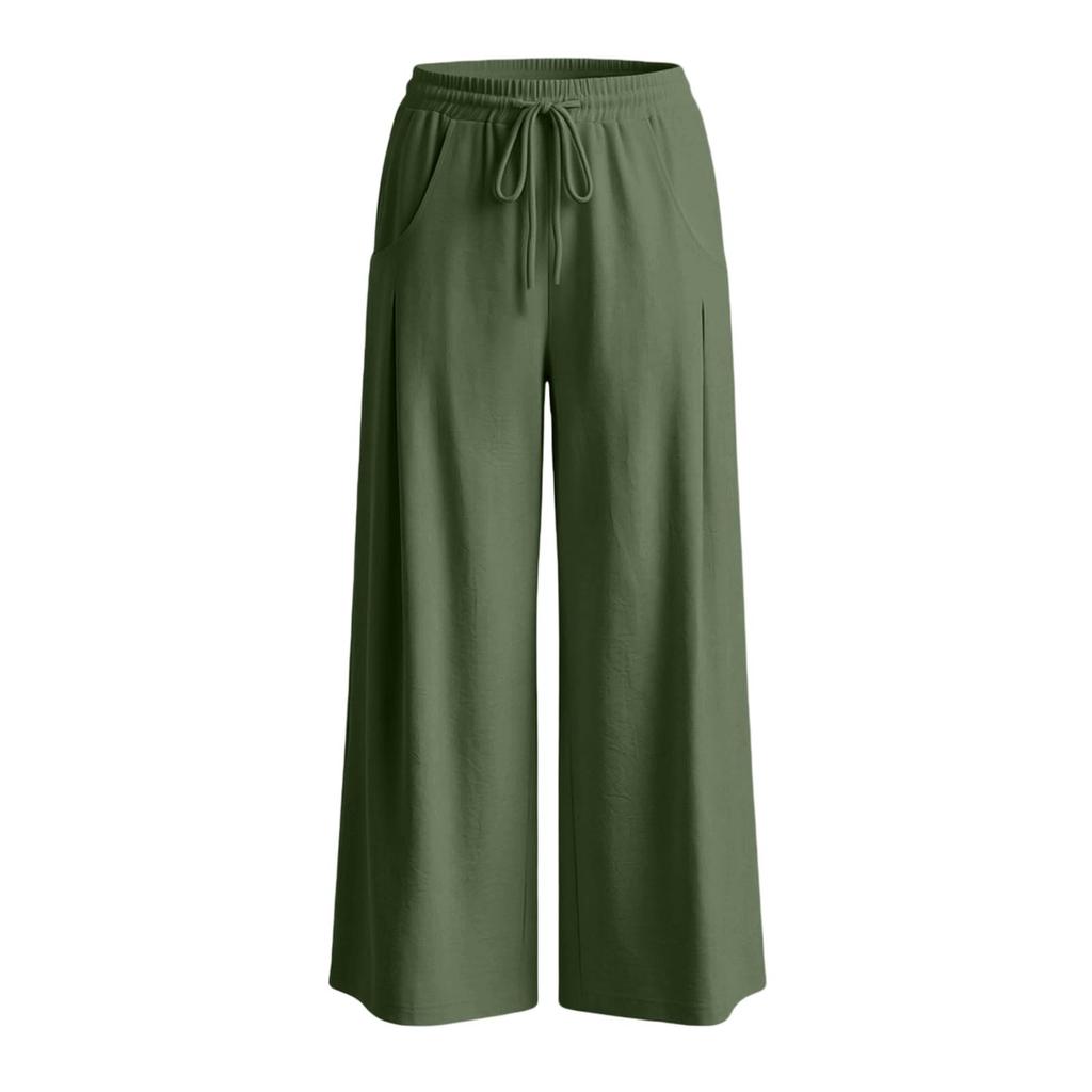 Women High Waist Wide Leg Pants Summer Casual Loose Fit Trousers with Pockets Elastic Waist Drawstring Outdoor Lightweight