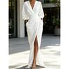 European and American new elegant solid color V-neck long-sleeved split waist pocket long dress
