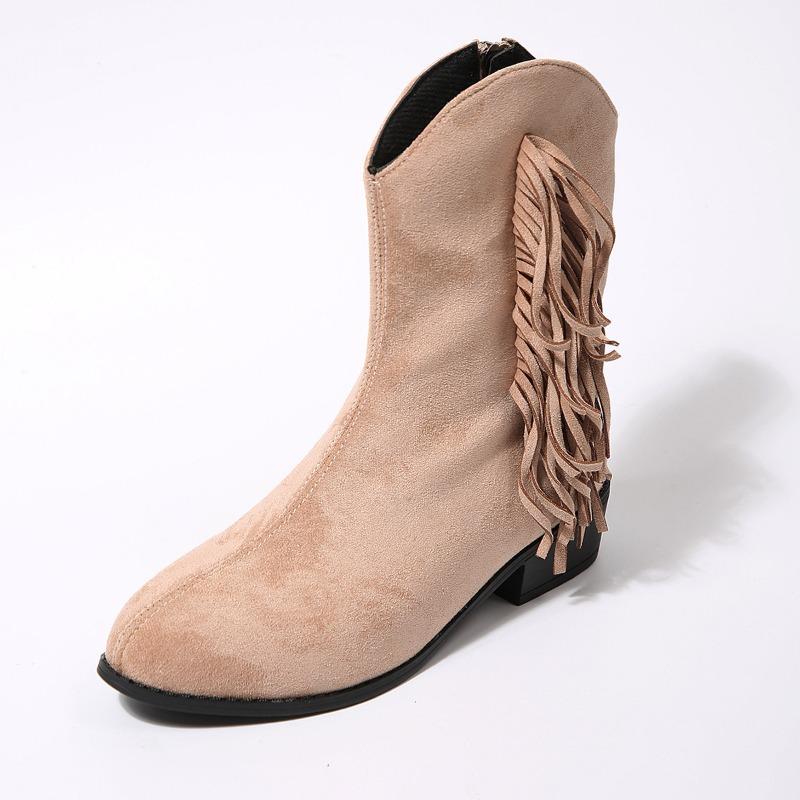 Fringe Boots Women's Winter 2025 New Plus-size British-style Thick-heeled V-mouth Booties