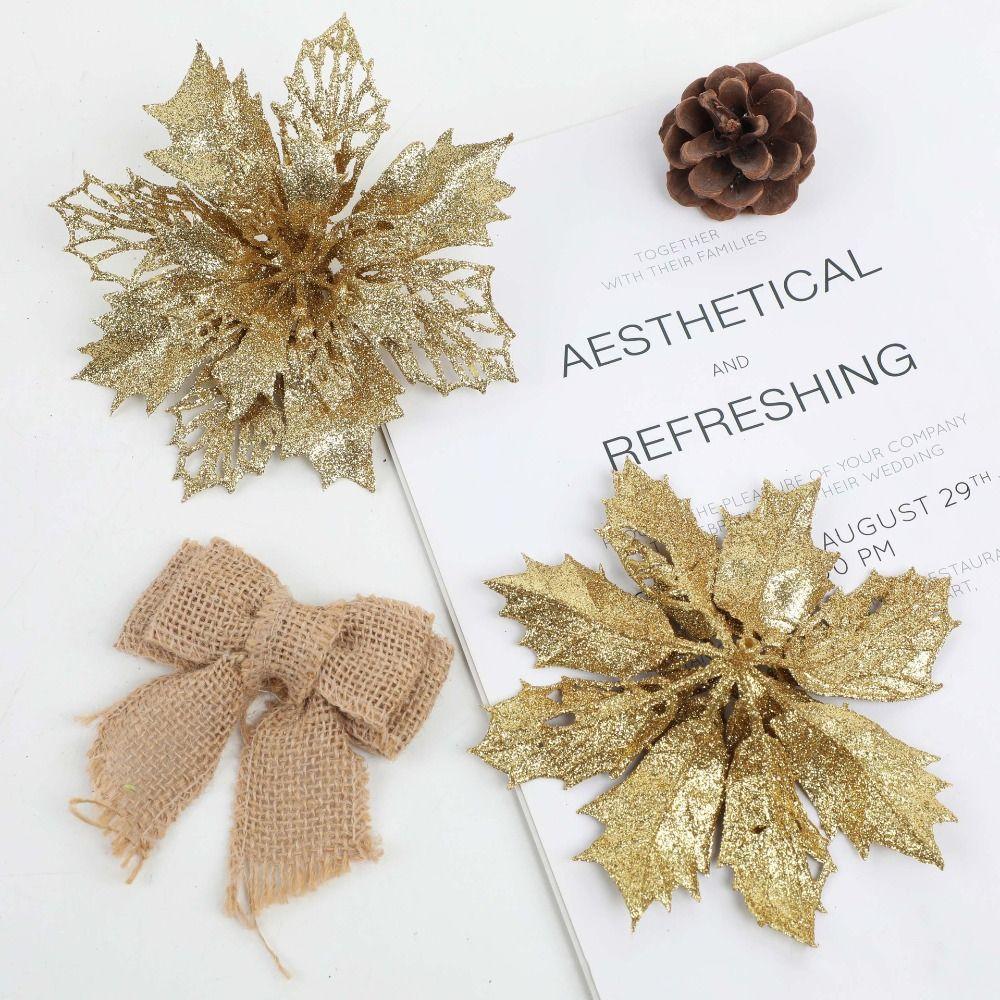 12PCS DIY Decoration Christmas Artificial Flowers 15CM Glitter Fake Flower Christmas Decor