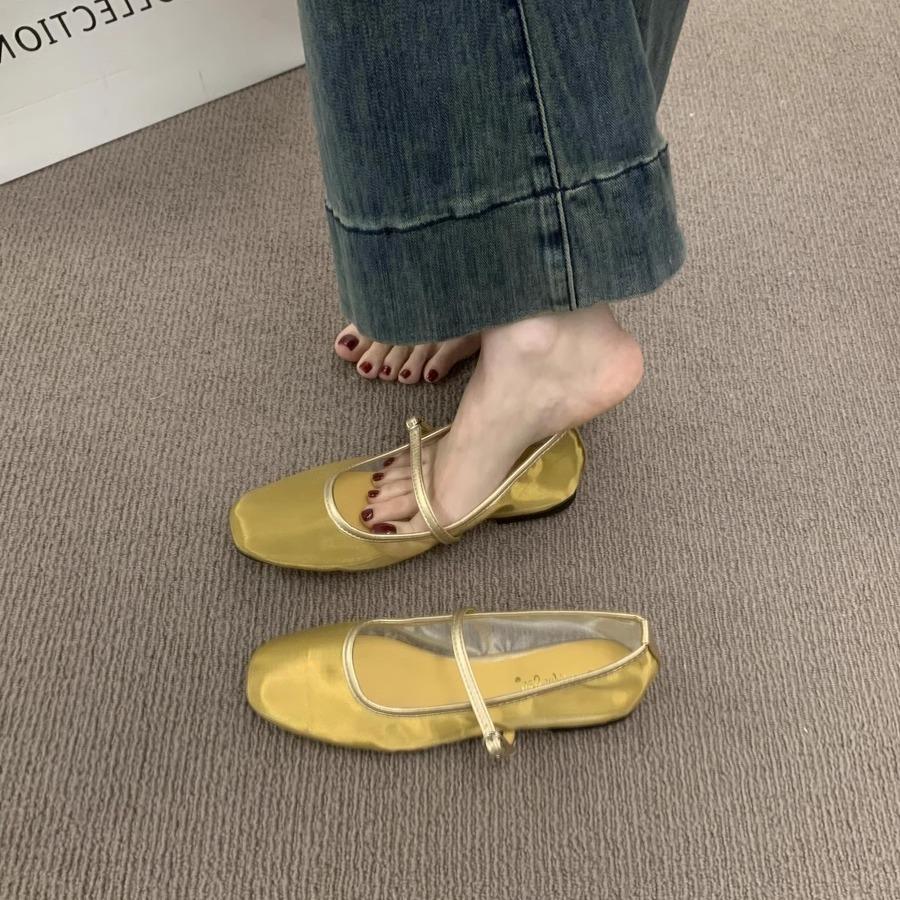 Niche design sense breathable mesh gold single shoes women's shoes 2025 summer new French beautiful ballet shoes