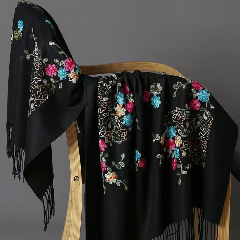 300g Faux Cashmere Embroidered Plum Blossom Scarf, Women's Ethnic Travel Wrap - Warm New Year Holiday Shawl
