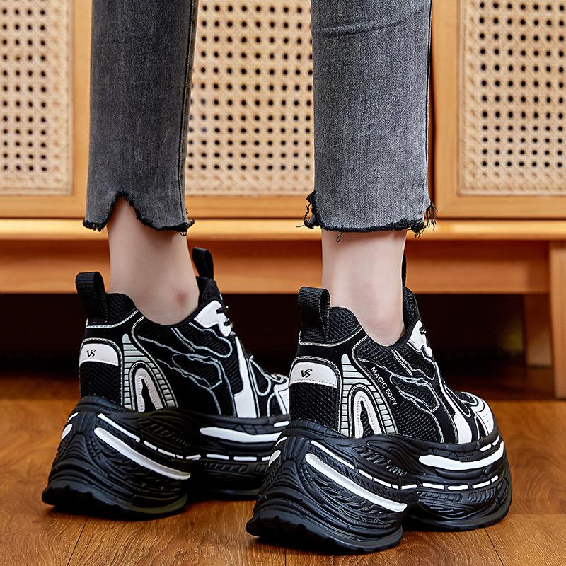 Fashion 12CM Genuine Leather Chunky Sneakers Women Vulcanize Boots Spring Shoes Ankle Booties Fashion Autumn Daddy Shoes Platform Lady